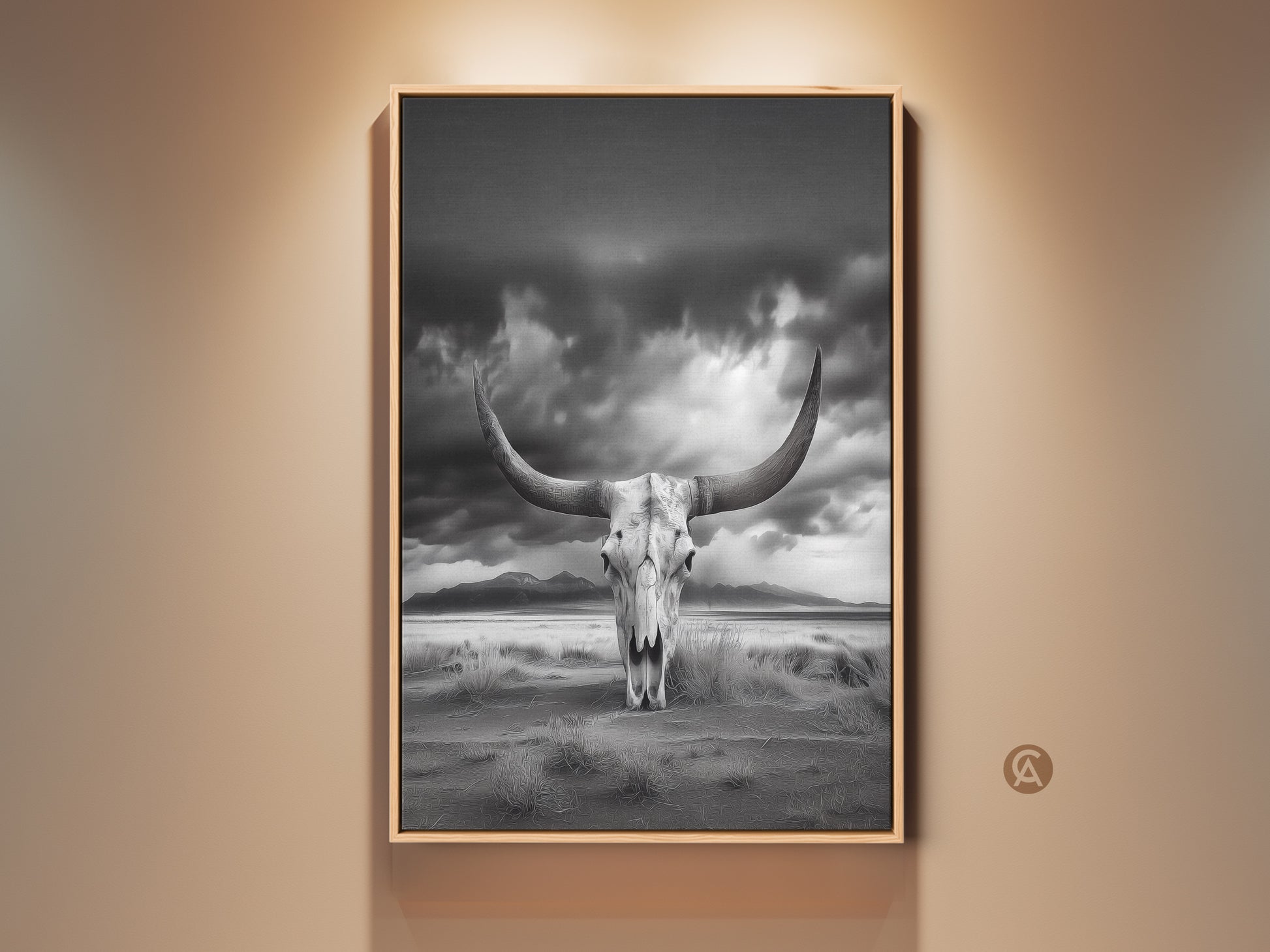 Monochrome longhorn skull artwork in a rustic frame. The western art print features a desert landscape. This cowboy gift is perfect for entryway art. It adds a touch of the arid landscape to your home. The striking black and white animal art creates a dramatic focal point.