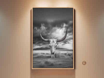 Monochrome longhorn skull artwork in a rustic frame. The western art print features a desert landscape. This cowboy gift is perfect for entryway art. It adds a touch of the arid landscape to your home. The striking black and white animal art creates a dramatic focal point.