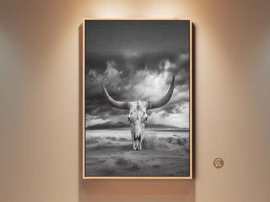 Monochrome longhorn skull artwork in a rustic frame. The western art print features a desert landscape. This cowboy gift is perfect for entryway art. It adds a touch of the arid landscape to your home. The striking black and white animal art creates a dramatic focal point.