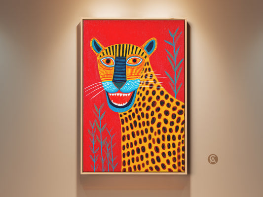 Framed colorful leopard art print. This folk art animal wall decor features a playful leopard with a red background. This eclectic home gift adds a touch of personality to any wall. The red orange and yellow hues capture attention. Perfect birthday gift for animal lovers.