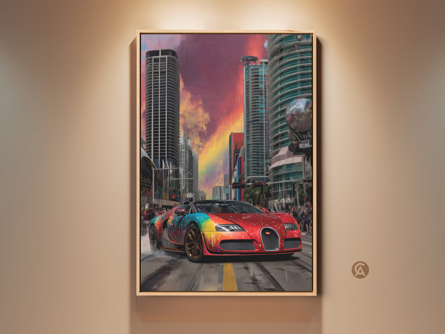 A vibrant red sports car art stands out against an urban cityscape. Rainbow splatter adds a playful touch to this contemporary artwork. Perfect for car enthusiasts. The canvas print captures the energy of city life. It features abstract graffiti and bold colors. Add a modern edge to your office or garage with this piece. This artwork is a unique gift for him. Great automotive themed decor for any cool garage.