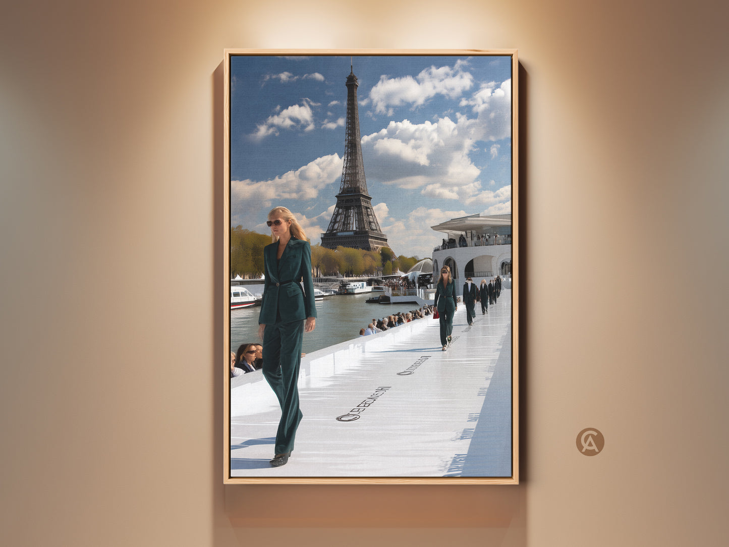 Exquisite canvas print showcasing Parisian fashion. The artwork features a runway show with the Eiffel Tower in the background. Models wear chic teal outfits. This contemporary piece adds sophistication to any living room or office. It's perfect for fashion lovers and those who appreciate the allure of Paris.
