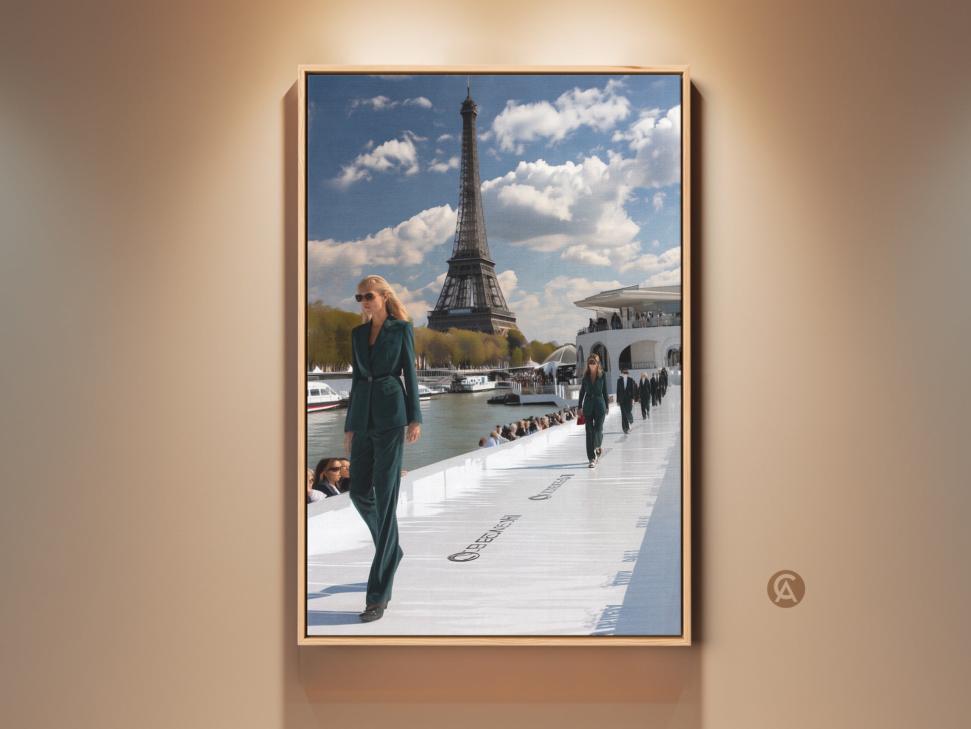 Exquisite canvas print showcasing Parisian fashion. The artwork features a runway show with the Eiffel Tower in the background. Models wear chic teal outfits. This contemporary piece adds sophistication to any living room or office. It's perfect for fashion lovers and those who appreciate the allure of Paris.