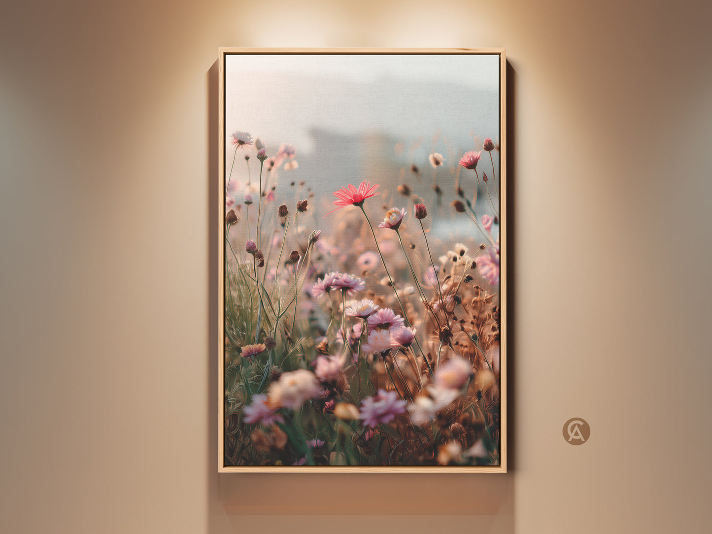 Soft Focus Floral Art Print displayed in a wood frame. The coral pink daisy and cosmos botanical wall art adds a touch of boho blush pink to the bedroom. A perfect housewarming gift idea.