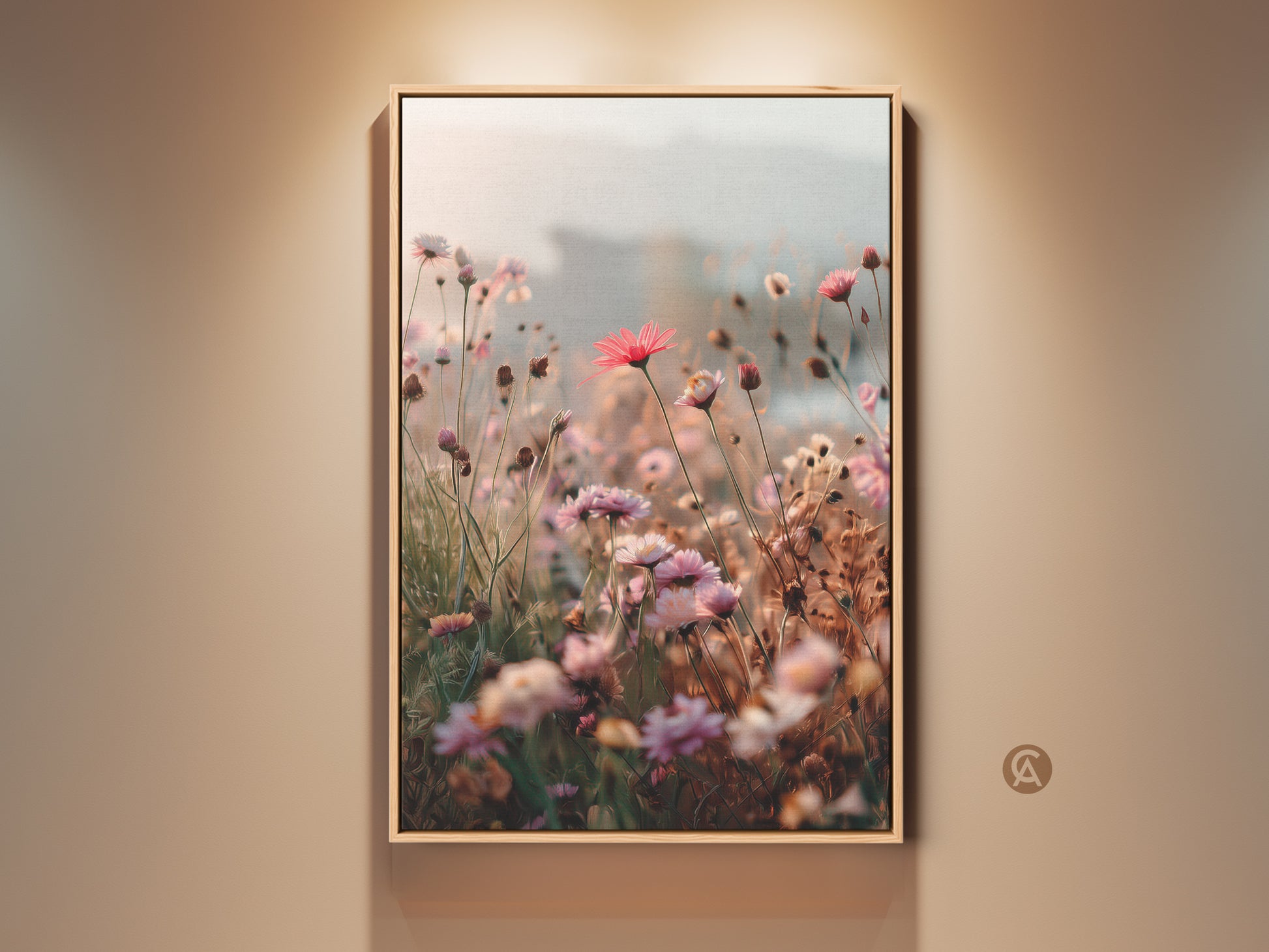 Soft Focus Floral Art Print displayed in a wood frame. The coral pink daisy and cosmos botanical wall art adds a touch of boho blush pink to the bedroom. A perfect housewarming gift idea.