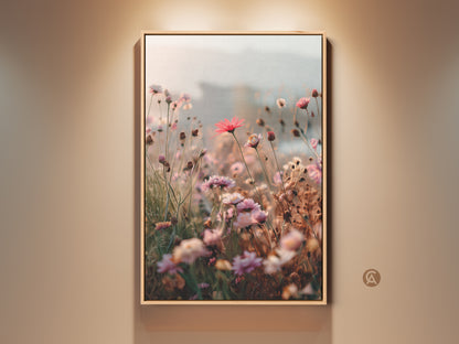 Soft Focus Floral Art Print displayed in a wood frame. The coral pink daisy and cosmos botanical wall art adds a touch of boho blush pink to the bedroom. A perfect housewarming gift idea.
