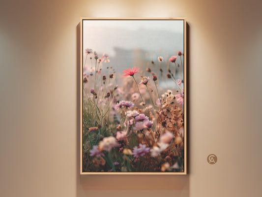 Soft Focus Floral Art Print displayed in a wood frame. The coral pink daisy and cosmos botanical wall art adds a touch of boho blush pink to the bedroom. A perfect housewarming gift idea.