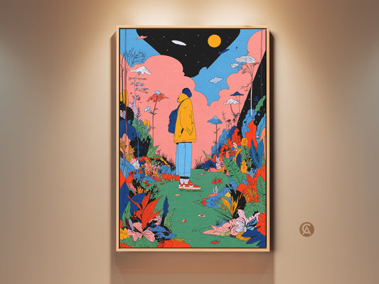 Framed art print of a person standing in a colorful botanical landscape. The artwork features a unique perspective. It is a framed canvas that is ready to hang. Perfect wall art for contemporary spaces.
