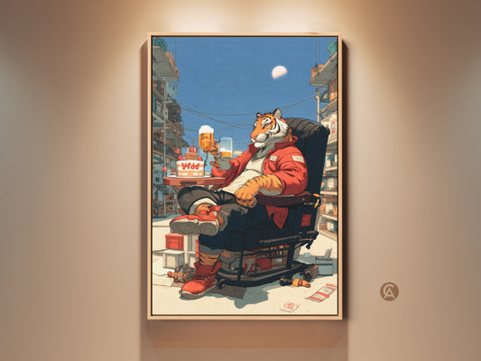 Tiger Beer Art Canvas Print. A tiger enjoys a beer in this pop surrealism animal art. The red orange and blue artwork makes eclectic office decor. It is a unique gift for beer lovers.