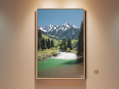 Rustic mountain river canvas art print. Snow-capped peaks and lush pine trees line the vibrant green river. This scenic nature artwork brings the beauty of the outdoors inside. Ideal for home decor or as a gift for outdoor lovers.