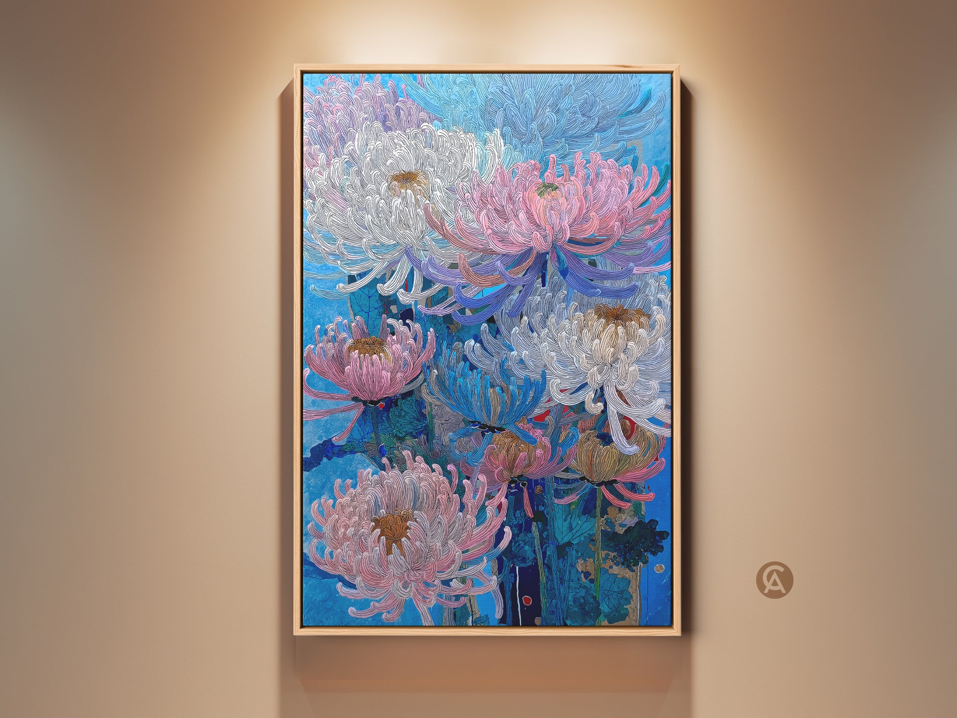 Modern botanical wall art print showcases pink blue and white Chrysanthemums. This canvas art features a modern floral nature artwork style. It's ideal for bedroom living room and home decor. The artwork adds a contemporary touch with its detailed floral art and stylish presentation.