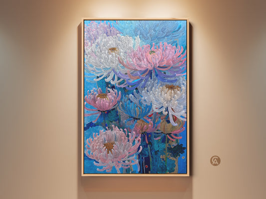 Modern botanical wall art print showcases pink blue and white Chrysanthemums. This canvas art features a modern floral nature artwork style. It's ideal for bedroom living room and home decor. The artwork adds a contemporary touch with its detailed floral art and stylish presentation.