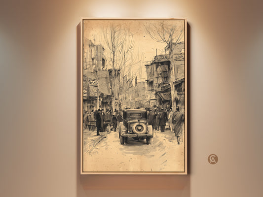 Framed vintage car art capturing a bygone era. A detailed sketch shows a classic automobile amidst a bustling city street. The sepia-toned artwork evokes nostalgia. This framed canvas adds timeless charm to any decor.