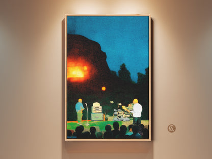 Experience live music with this pointillism art print. A musician sings on stage. The audience watches with the summer night sky. Add this eclectic blue orange wall hanging to your decor. It makes a unique gift for music lovers.