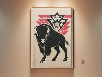 Rustic bison canvas art hangs on a beige wall. This wildlife wall print features a black bison silhouette. Red retro stars decorate the background. A great nature lover gift for a den or office space.