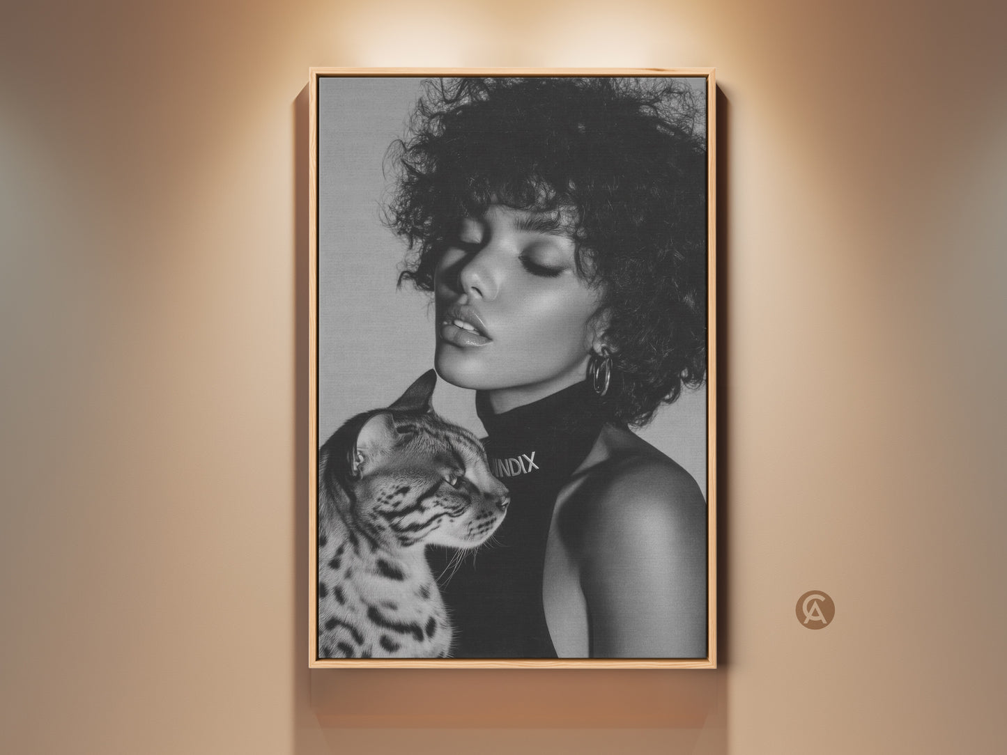 Monochrome woman and Bengal cat art print. This black and white fashion portrait canvas adds contemporary style to your home decor. A chic gift for cat lovers. Shop now to bring modern elegance to your walls.
