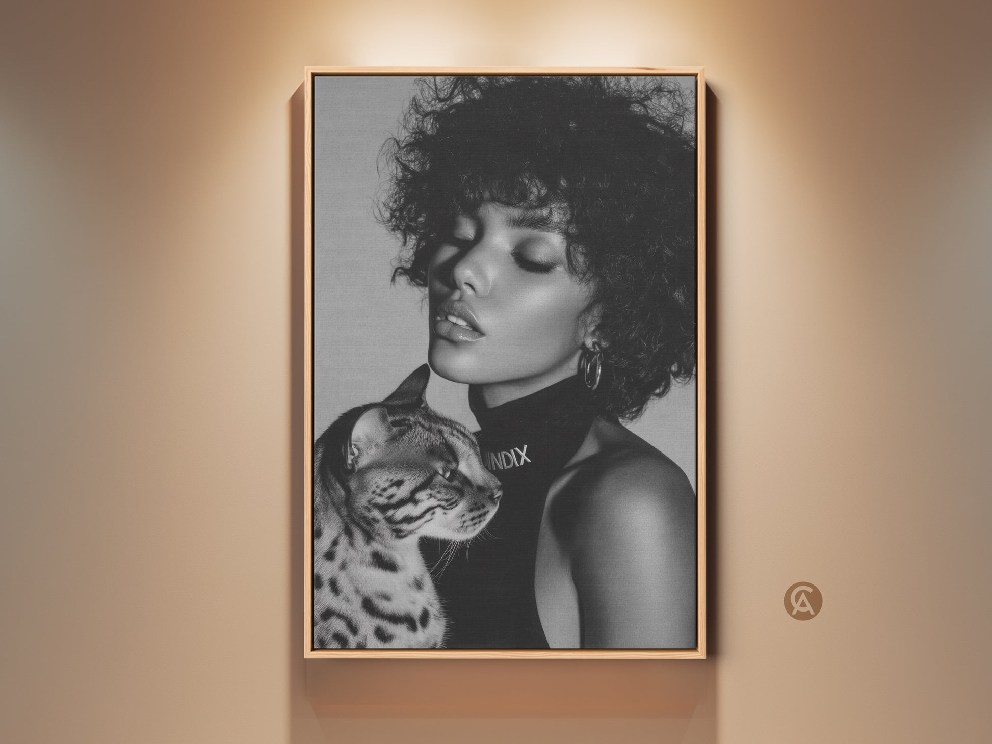 Monochrome woman and Bengal cat art print. This black and white fashion portrait canvas adds contemporary style to your home decor. A chic gift for cat lovers. Shop now to bring modern elegance to your walls.