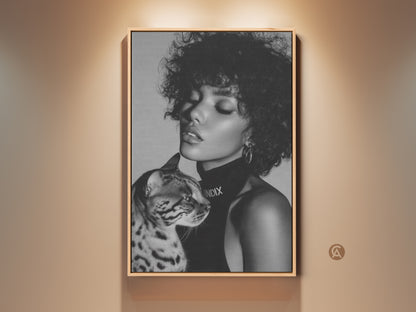 Monochrome woman and Bengal cat art print. This black and white fashion portrait canvas adds contemporary style to your home decor. A chic gift for cat lovers. Shop now to bring modern elegance to your walls.