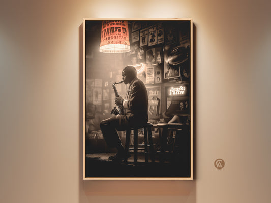 Sepia jazz club artwork. A musician plays saxophone. The art captures the essence of jazz music. It is perfect for music lovers. This artwork creates a soulful ambiance. Buy framed or canvas art prints online.