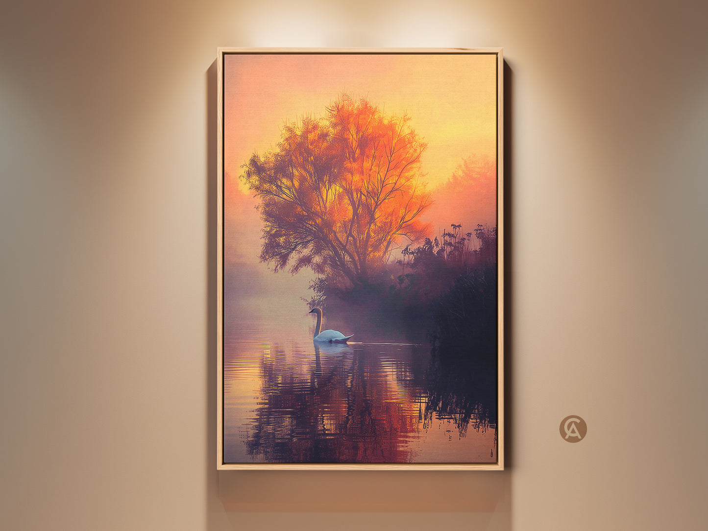 This framed artwork features a tranquil lake scene. A graceful swan glides across the water in the fine art print. The warm sunset colors create a serene mood. A tree silhouette adds depth. This swan art print is perfect for adding peace to any room.