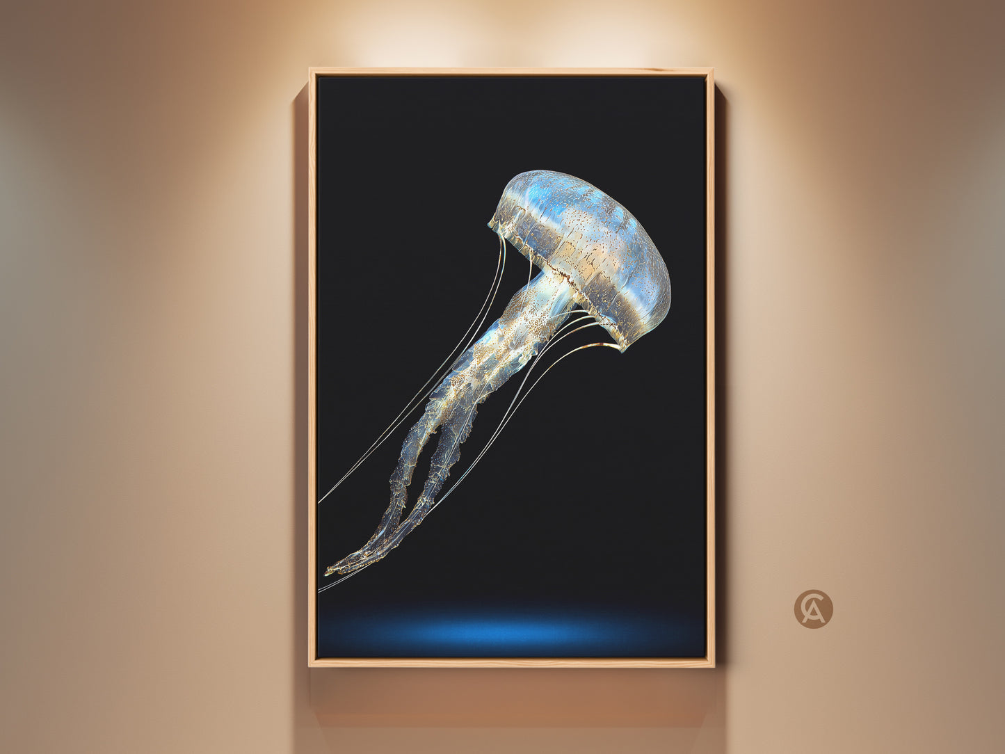 Framed Blue Gold Jellyfish art print. This abstract marine life canvas adds a touch of contemporary elegance. The minimalist ocean wall decor is perfect as a housewarming gift. This artwork enhances any bedroom with its ocean theme.
