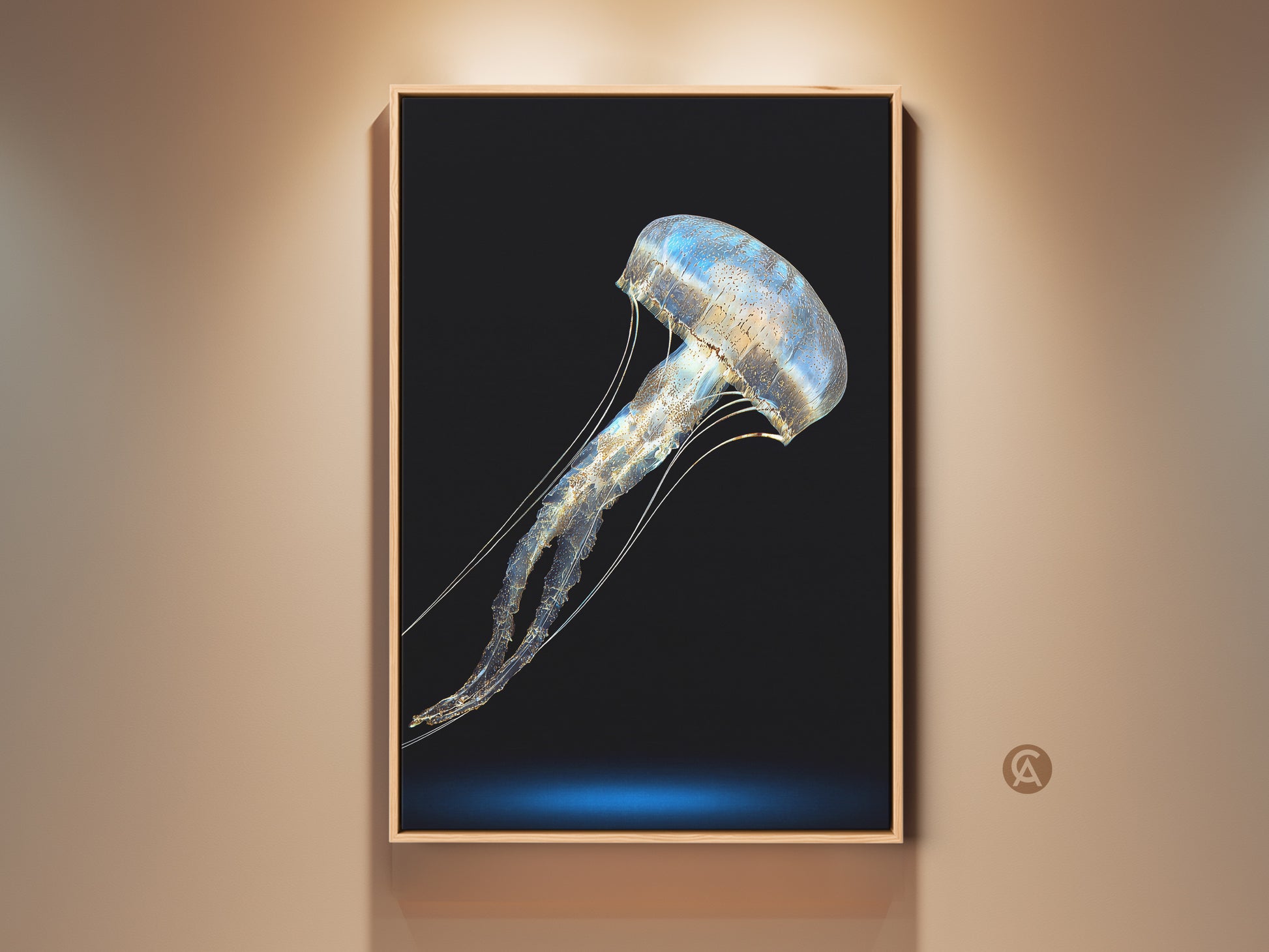 Framed Blue Gold Jellyfish art print. This abstract marine life canvas adds a touch of contemporary elegance. The minimalist ocean wall decor is perfect as a housewarming gift. This artwork enhances any bedroom with its ocean theme.