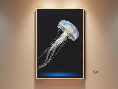 Framed Blue Gold Jellyfish art print. This abstract marine life canvas adds a touch of contemporary elegance. The minimalist ocean wall decor is perfect as a housewarming gift. This artwork enhances any bedroom with its ocean theme.