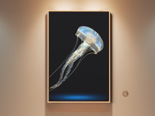 Framed Blue Gold Jellyfish art print. This abstract marine life canvas adds a touch of contemporary elegance. The minimalist ocean wall decor is perfect as a housewarming gift. This artwork enhances any bedroom with its ocean theme.