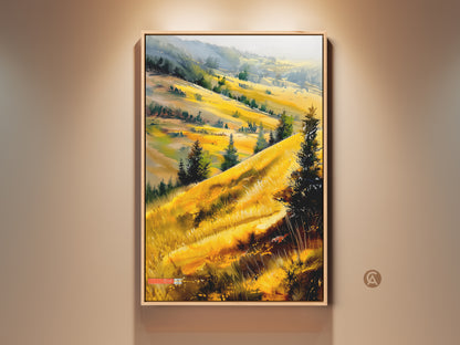 Framed impressionist landscape art print. Golden hills artwork with yellow and green scenery. Modern farmhouse bedroom decor idea. A housewarming gift for nature lovers. The sunlit scene adds warmth to any room.