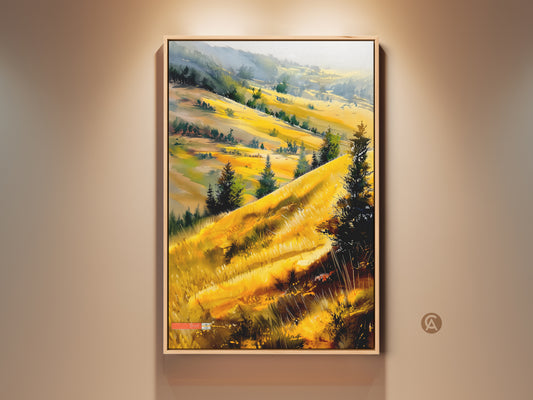 Framed impressionist landscape art print. Golden hills artwork with yellow and green scenery. Modern farmhouse bedroom decor idea. A housewarming gift for nature lovers. The sunlit scene adds warmth to any room.