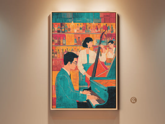 Turquoise and orange jazz band canvas print. This eclectic bar art features a live band playing piano. Perfect wall decor for music venues and jazz lovers. A sophisticated touch to any home bar artwork.