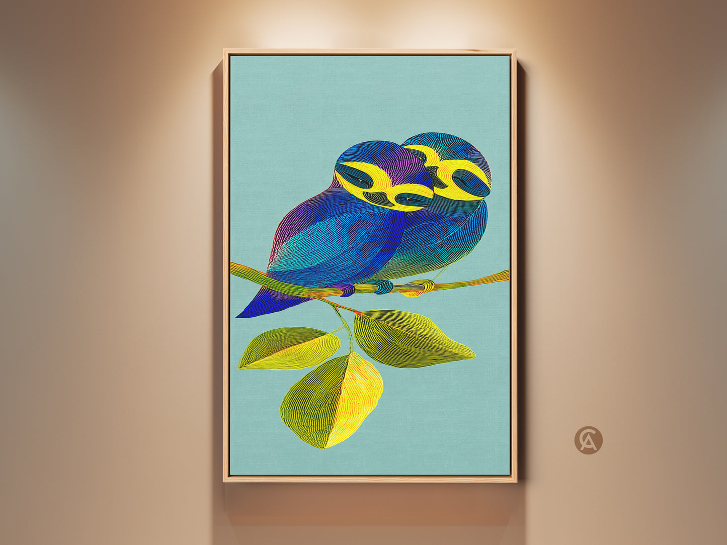 A vibrant bird couple canvas print adds a touch of contemporary charm to any wall. Teal and yellow hues create a soothing yet striking nature-inspired piece. Perfect gift for animal lovers seeking Scandinavian style decor for their home or office. The artwork features a blue bird couple with yellow beaks on a branch with leaves.