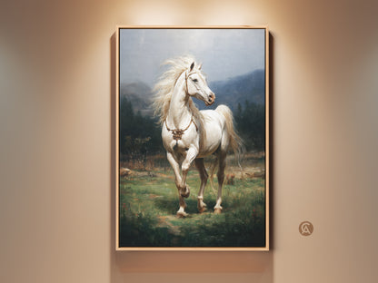 A majestic white horse graces this rustic green landscape canvas art. This realistic print captures the beauty of an equestrian scene. Perfect as home or bedroom wall art. This artwork adds a touch of natural beauty to any space. It's an ideal gift for horse lovers seeking serene countryside charm.