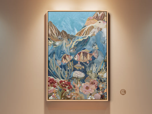 A framed embroidered ocean canvas art featuring fish and coral. The artwork has a captivating palette of blue gold and teal. It's a textured marine life print perfect for eclectic home decor. This unique piece would be a thoughtful housewarming or gift for ocean lovers.