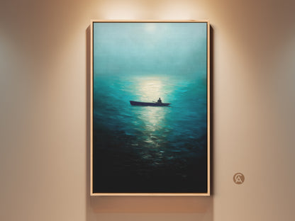 Seascape canvas print featuring a man in a rowboat on a deep blue ocean. Minimalist wall decor adds a touch of tranquility to any room. The impressionistic style nature art is perfect as coastal home gift. This artwork brings the calmness of the sea to your space.