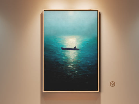 Seascape canvas print featuring a man in a rowboat on a deep blue ocean. Minimalist wall decor adds a touch of tranquility to any room. The impressionistic style nature art is perfect as coastal home gift. This artwork brings the calmness of the sea to your space.
