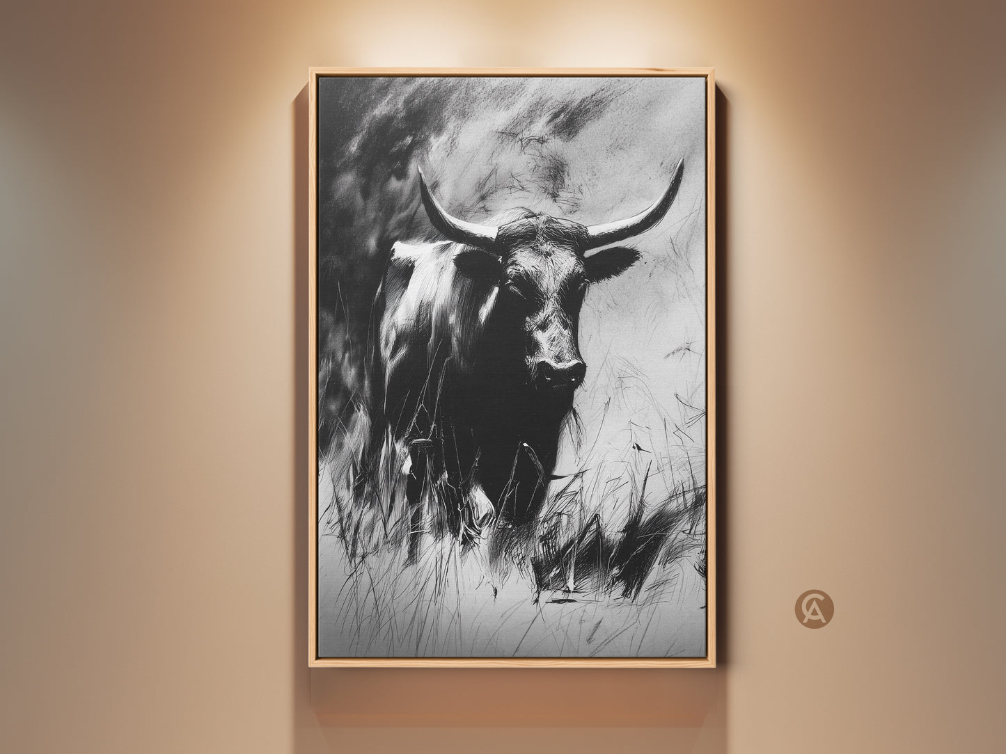 Rustic bull wall art on a beige wall. This monochrome longhorn print features a charcoal sketch of wildlife. It's a perfect piece of farmhouse study decor. This artwork would make a great housewarming gift.
