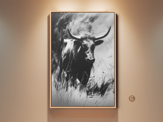Rustic bull wall art on a beige wall. This monochrome longhorn print features a charcoal sketch of wildlife. It's a perfect piece of farmhouse study decor. This artwork would make a great housewarming gift.