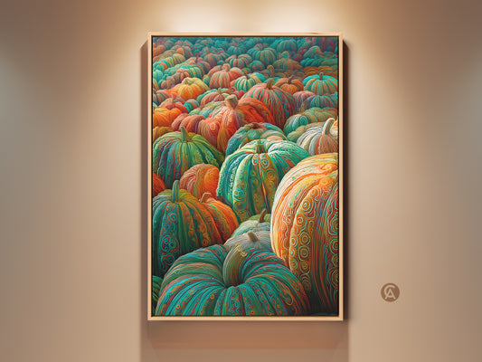 Framed pumpkin field artwork adds a pop of fall color to any space. This canvas art print features a sea of pumpkins in vibrant shades. The art is surrounded by a light oak frame. Ready to hang and enjoy.