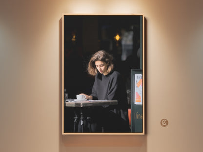 Woman Reading at Cafe Contemporary wall art. Black and white lifestyle photo art. Coffee lover gift idea. Perfect modern home office decor. A chic cafe interior art print.