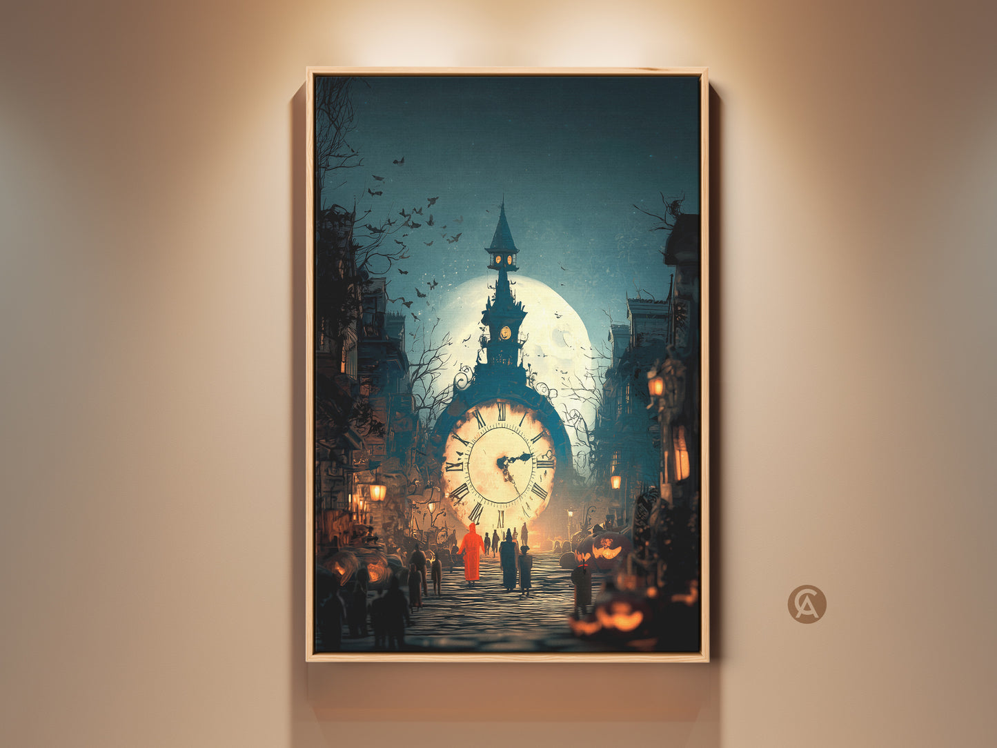 Framed Gothic Clock Tower art print displayed. The artwork features a dark blue and orange color scheme. Perfect as gothic wall decor. See the clock tower beneath a full moon and a surreal street scene. Ideal for Halloween gift. Add a touch of dark academia to your study.