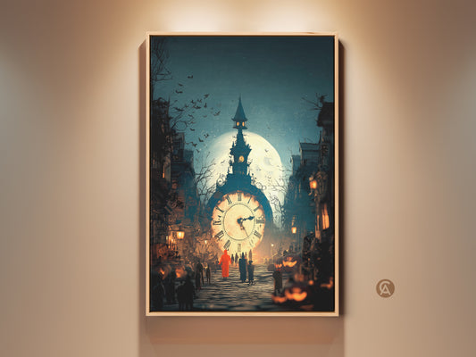 Framed Gothic Clock Tower art print displayed. The artwork features a dark blue and orange color scheme. Perfect as gothic wall decor. See the clock tower beneath a full moon and a surreal street scene. Ideal for Halloween gift. Add a touch of dark academia to your study.