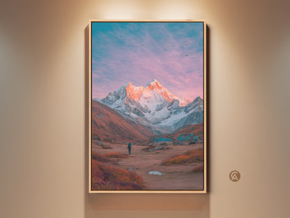 Framed mountain landscape art. A breathtaking view of a majestic snow-capped peak. Warm light kisses the summit. A lone traveler stands in awe of nature's grandeur. This artwork would look great on your wall. Perfect mountain canvas art for your home or office.