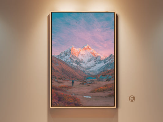 Framed mountain landscape art. A breathtaking view of a majestic snow-capped peak. Warm light kisses the summit. A lone traveler stands in awe of nature's grandeur. This artwork would look great on your wall. Perfect mountain canvas art for your home or office.