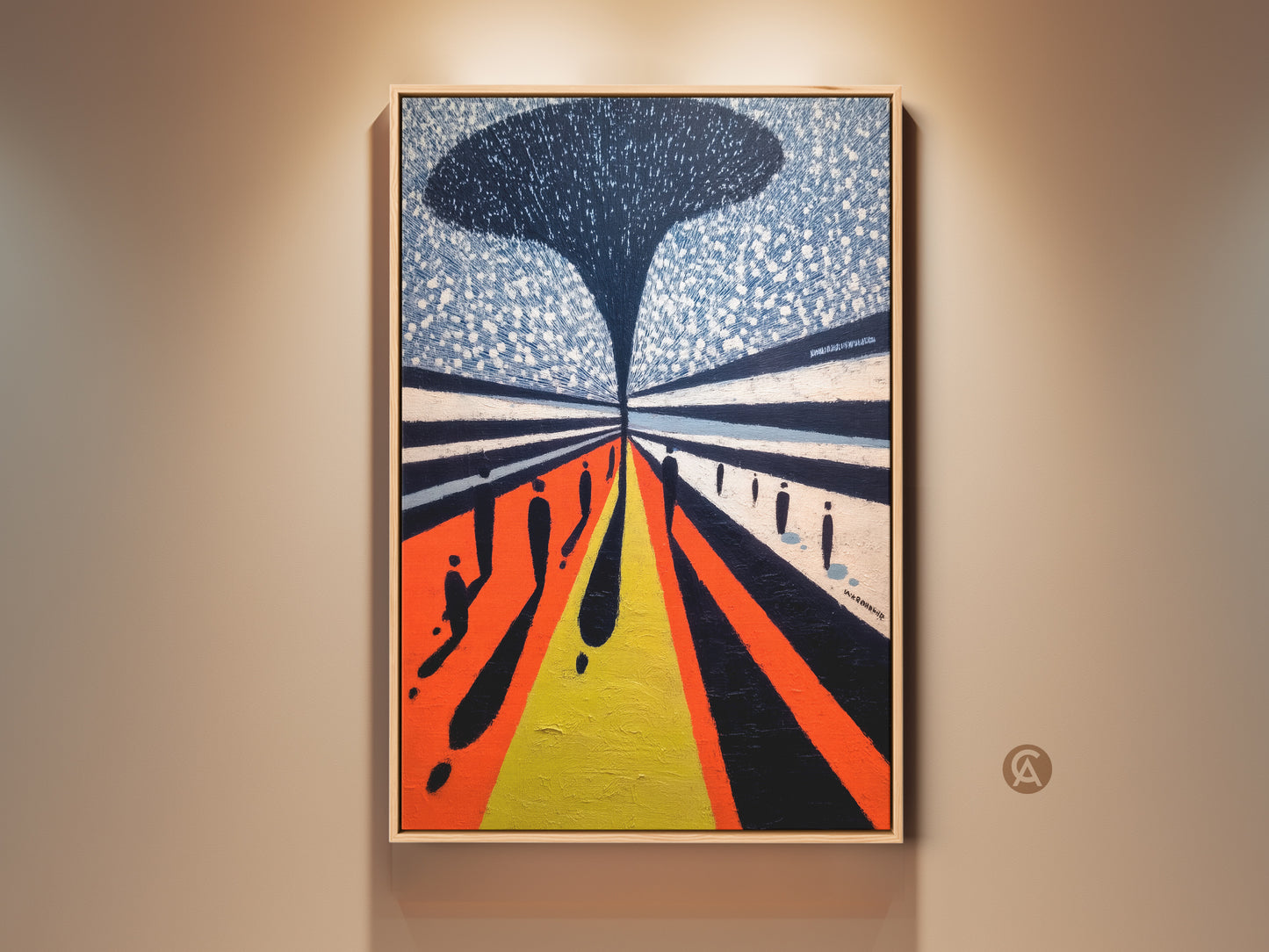 Modern hallway decor featuring a striking orange blue yellow abstract art print on canvas. Geometric people artwork adds contemporary style to any space. Art collectors love this unique piece.
