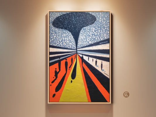 Modern hallway decor featuring a striking orange blue yellow abstract art print on canvas. Geometric people artwork adds contemporary style to any space. Art collectors love this unique piece.