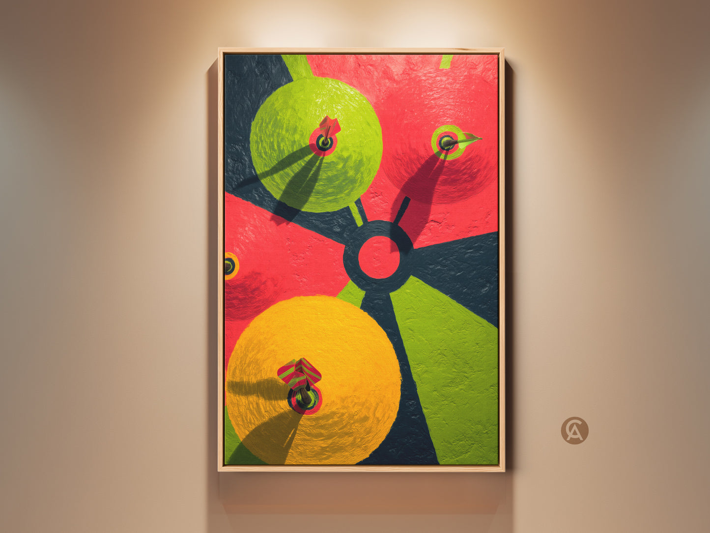 A vibrant geometric dartboard canvas artwork in a contemporary setting. This abstract red and lime green wall print is perfect game room decor. The modern art piece is framed adding sophistication.