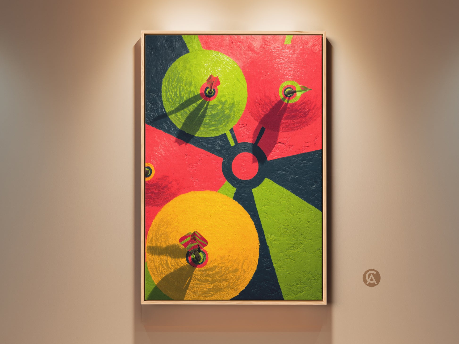 A vibrant geometric dartboard canvas artwork in a contemporary setting. This abstract red and lime green wall print is perfect game room decor. The modern art piece is framed adding sophistication.