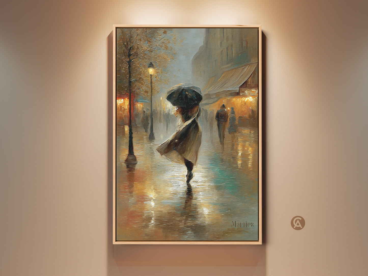 Experience the charm of Paris with this cityscape canvas art print. It features a woman with an umbrella on a rainy Parisian street. The impressionist gold and teal wall decor adds a romantic touch. Perfect as a travel gift or elegant home decor art for a cozy living room. It captures the essence of a Parisian cafe ambiance.