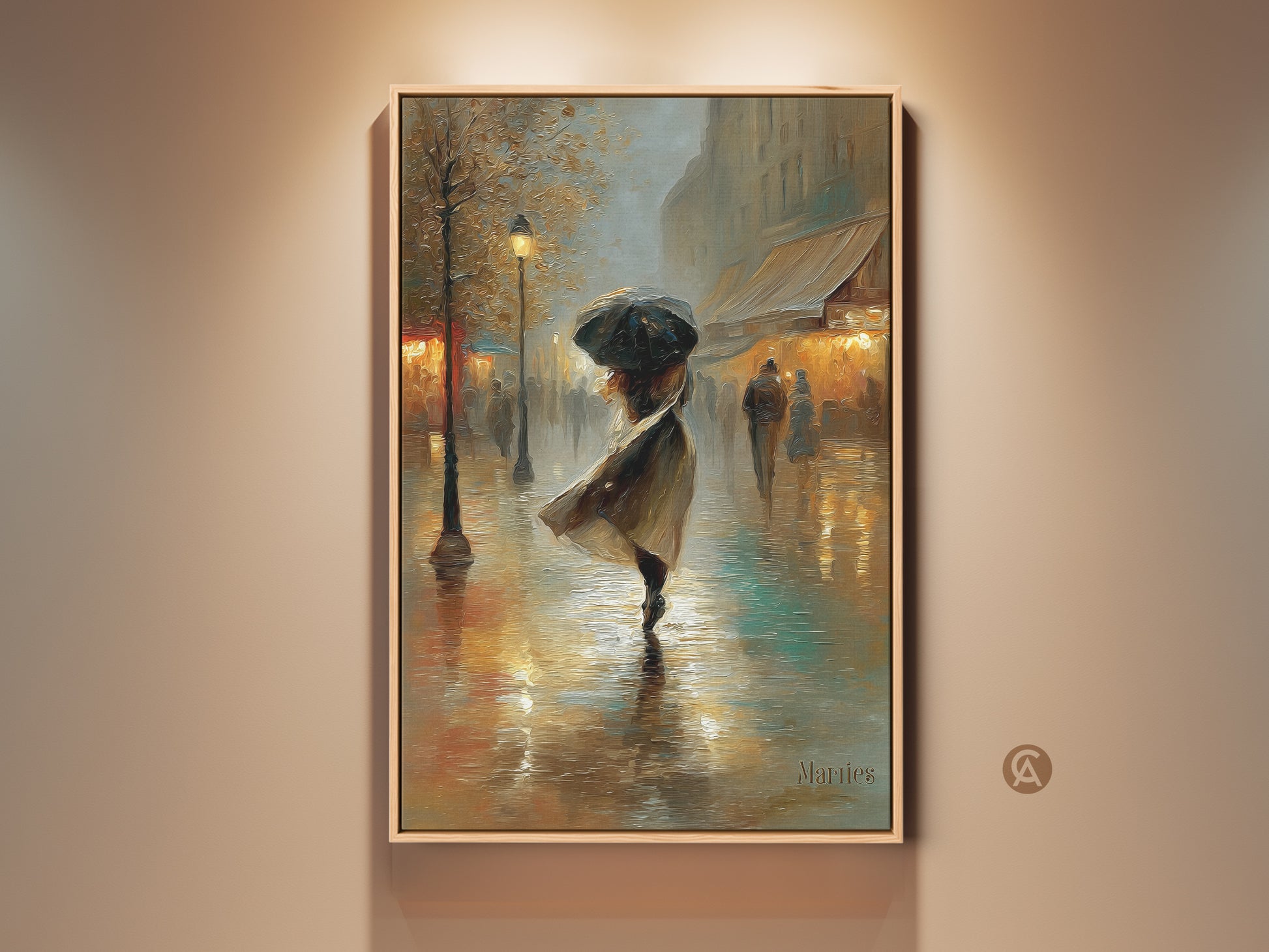 Experience the charm of Paris with this cityscape canvas art print. It features a woman with an umbrella on a rainy Parisian street. The impressionist gold and teal wall decor adds a romantic touch. Perfect as a travel gift or elegant home decor art for a cozy living room. It captures the essence of a Parisian cafe ambiance.